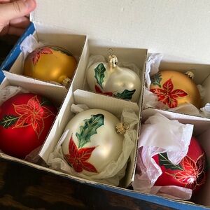 vintage set of 6 poinsettia holiday christmas glass ornaments made in germany